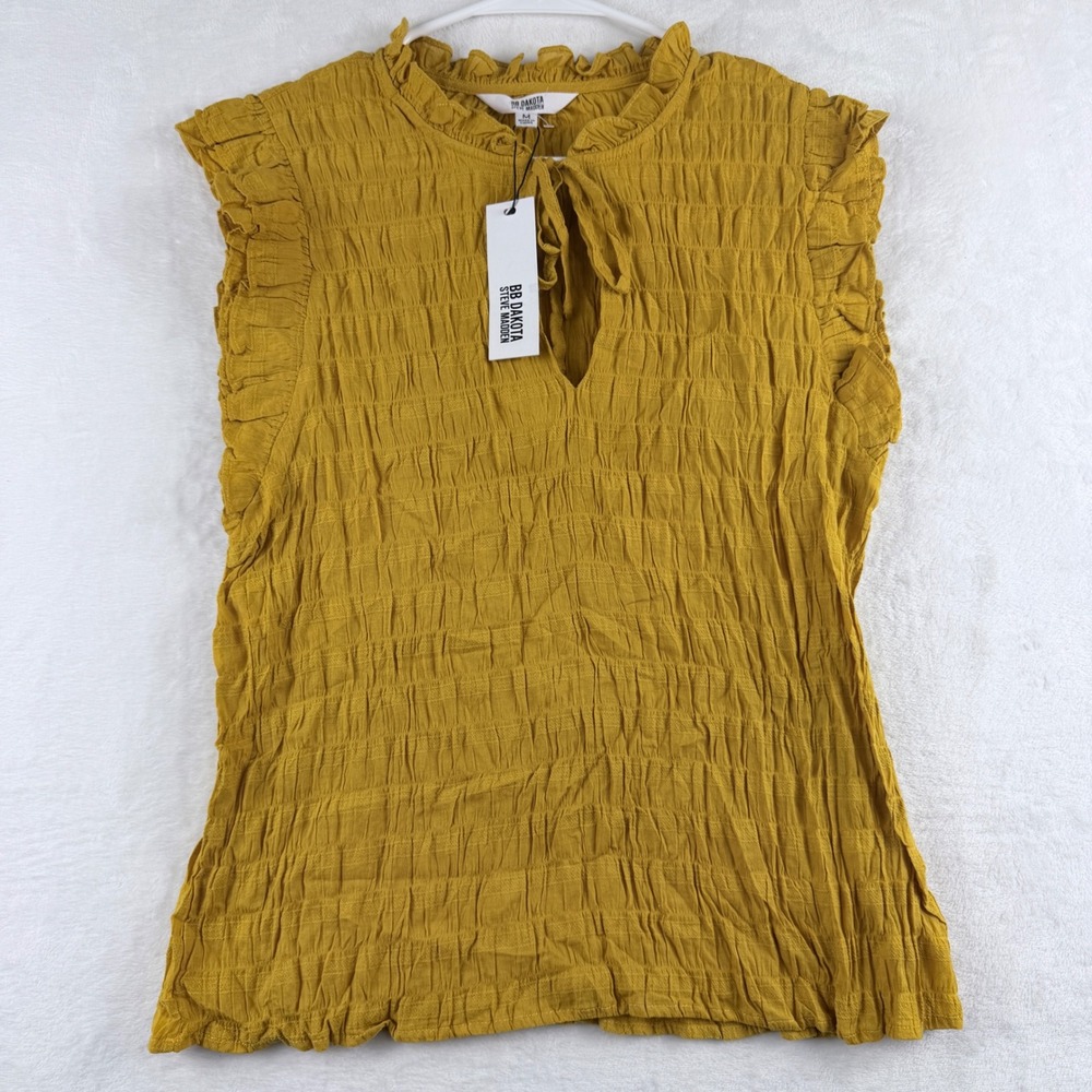 BB Dakota Steve Madden Smocked Ruffle Tie Neck Top Mustard Size M NWT